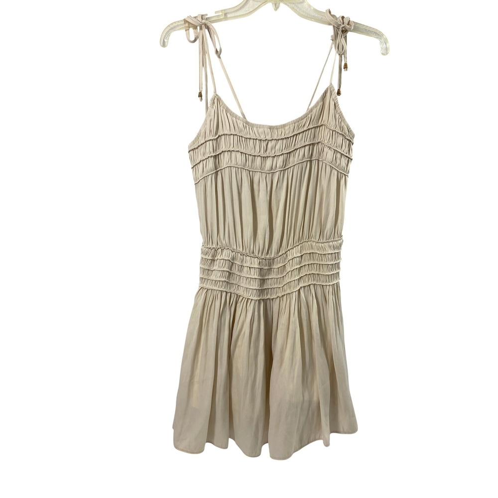 Womens Sundress Size Small Beige Smocked Tie Shoulder Boho Fairy Summer Vacation